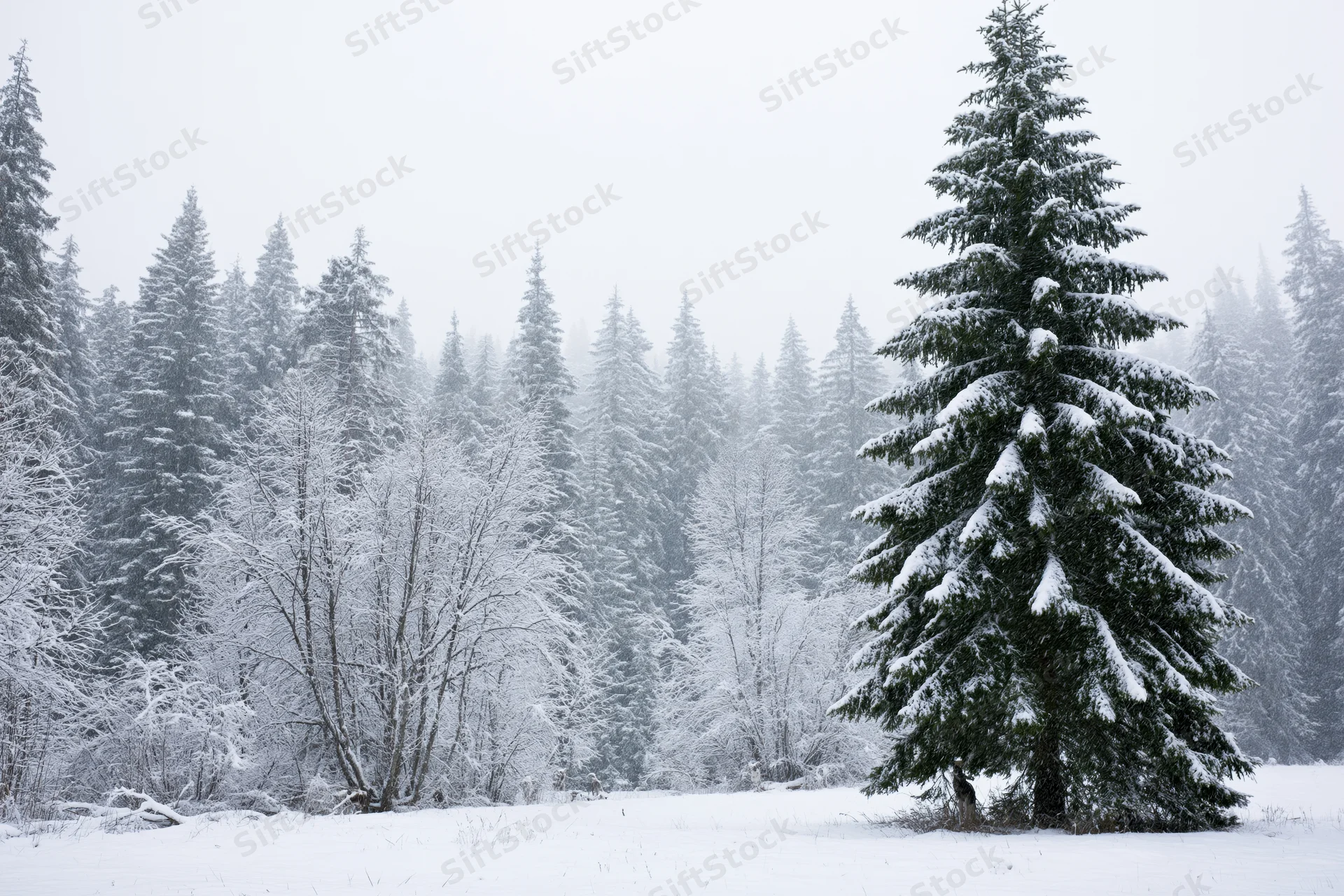 Snow-covered spruce and deciduous trees in a forest during active snowfall