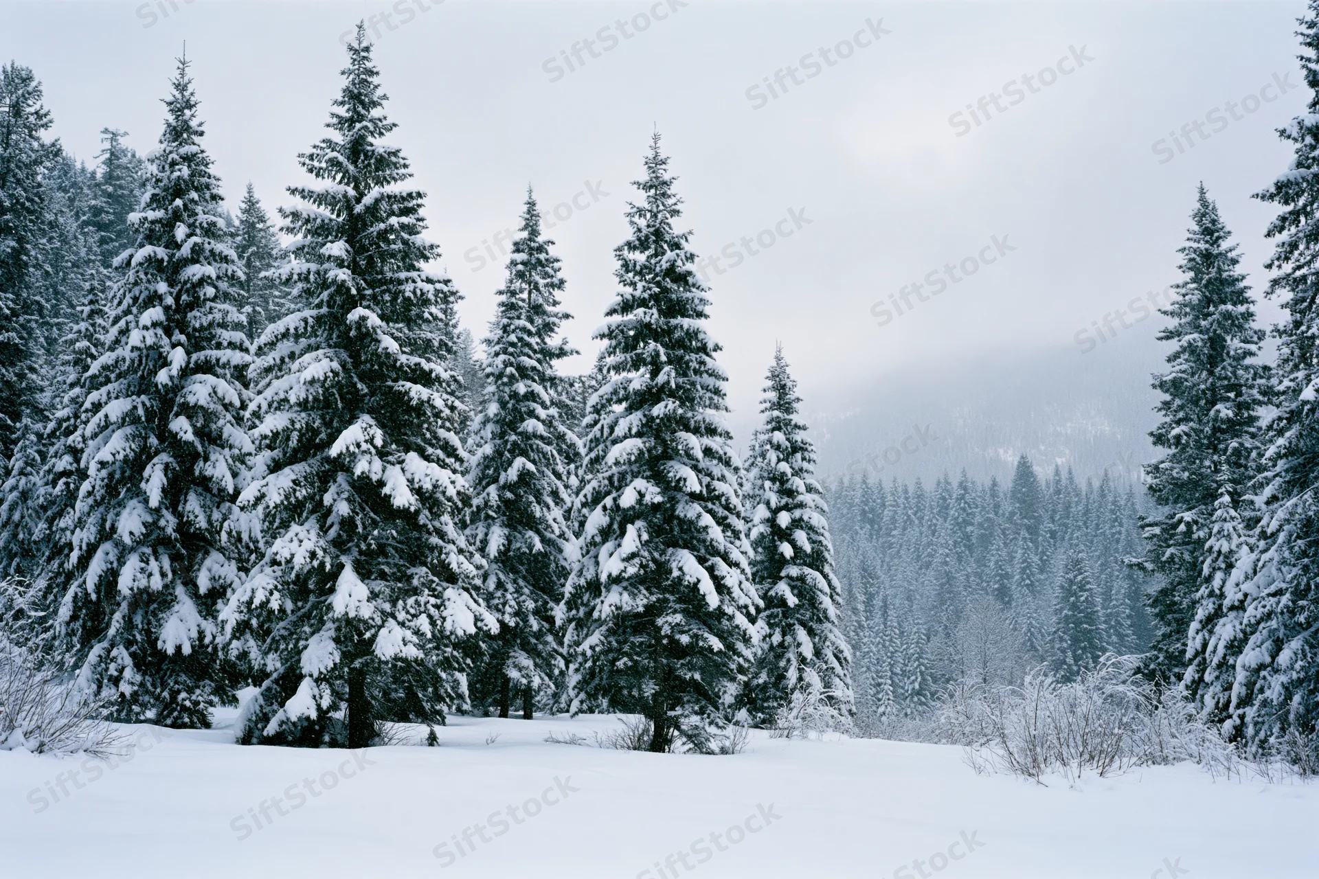 Snow-covered spruce and fir trees in a forest clearing with mountains in the background