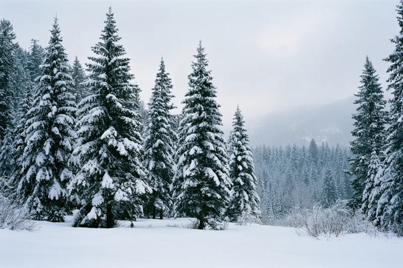 Snow-covered spruce and fir trees in a forest clearing with mountains in the background