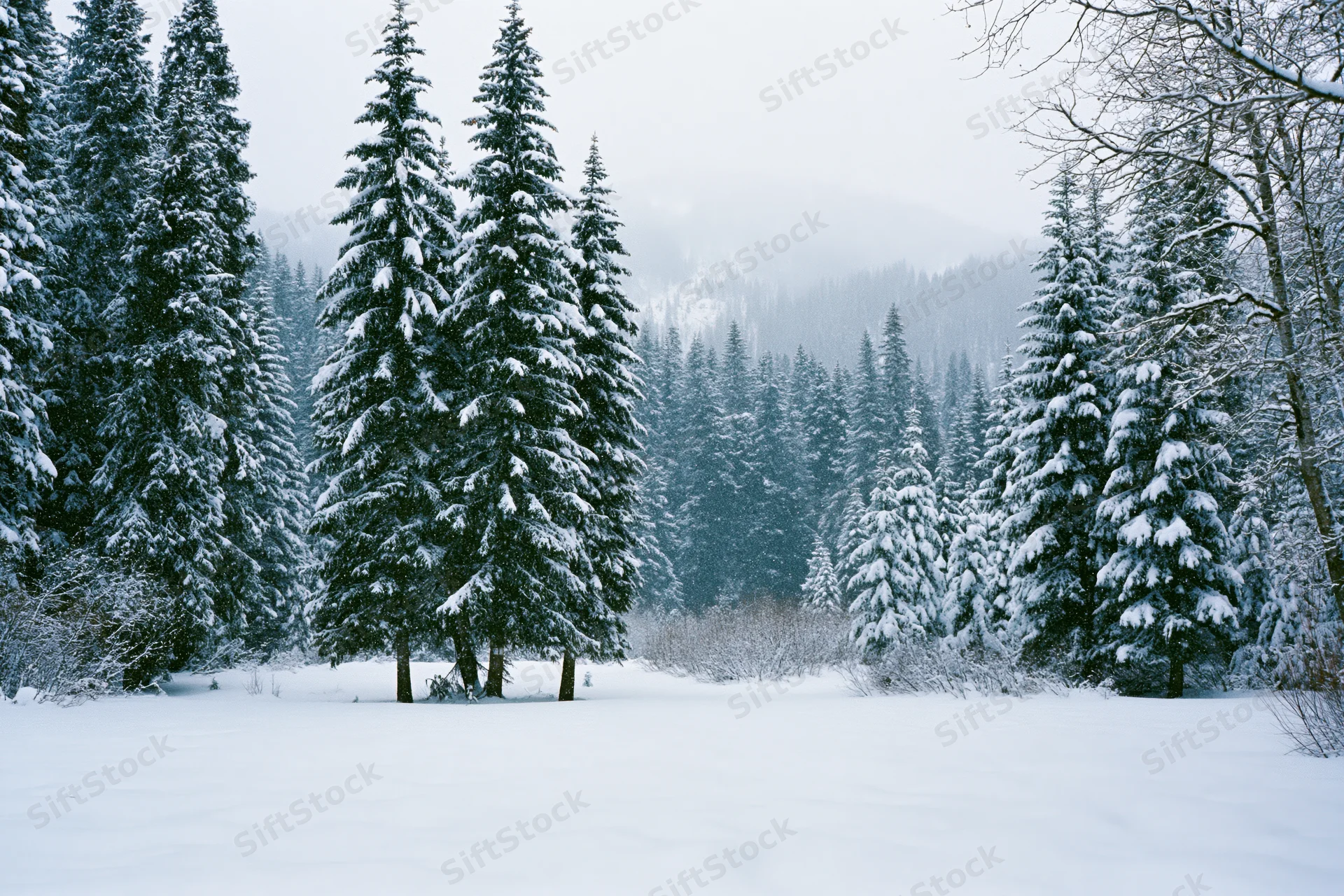 Snow-covered spruce and fir trees in a forest clearing with mountains in the distance