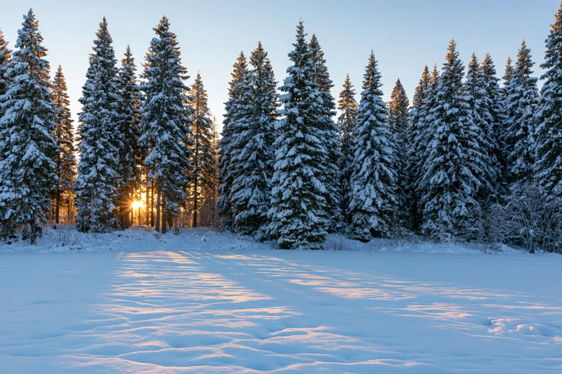 Snow-covered spruce forest at golden hour with sunlight filtering through tall evergreen trees