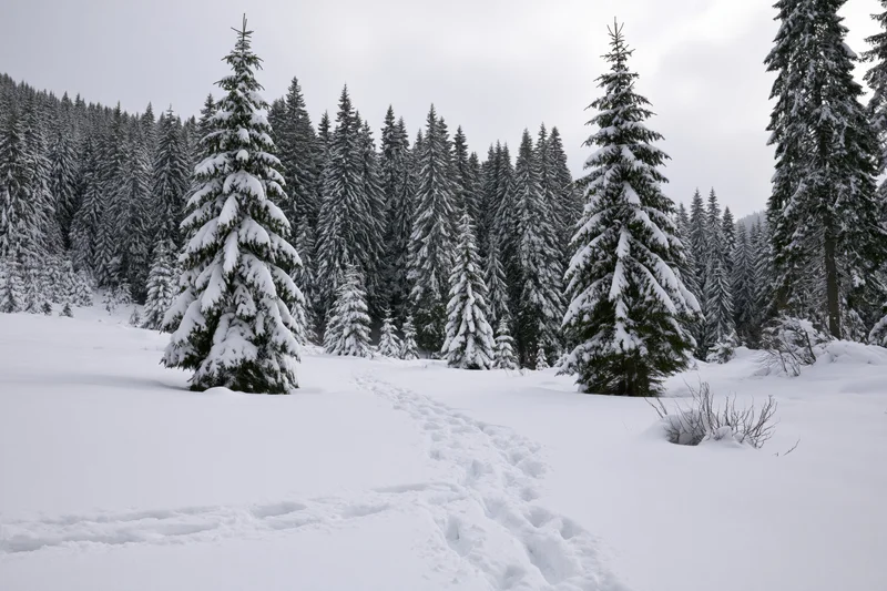 Snow-covered spruce forest on a mountain slope with footprints forming a path through the snow