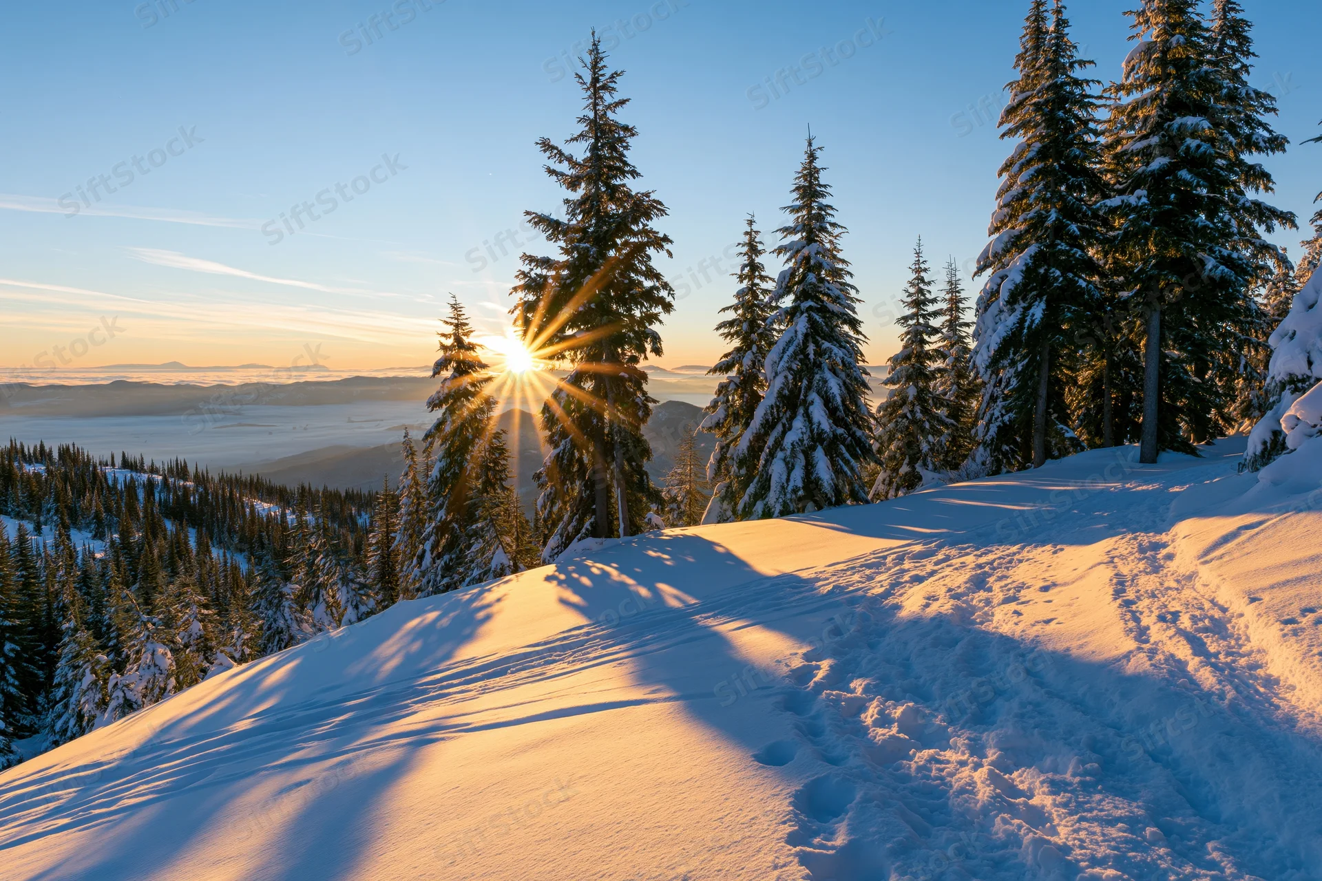 Snow-covered spruce trees on a mountain slope at sunrise with footprints in the snow