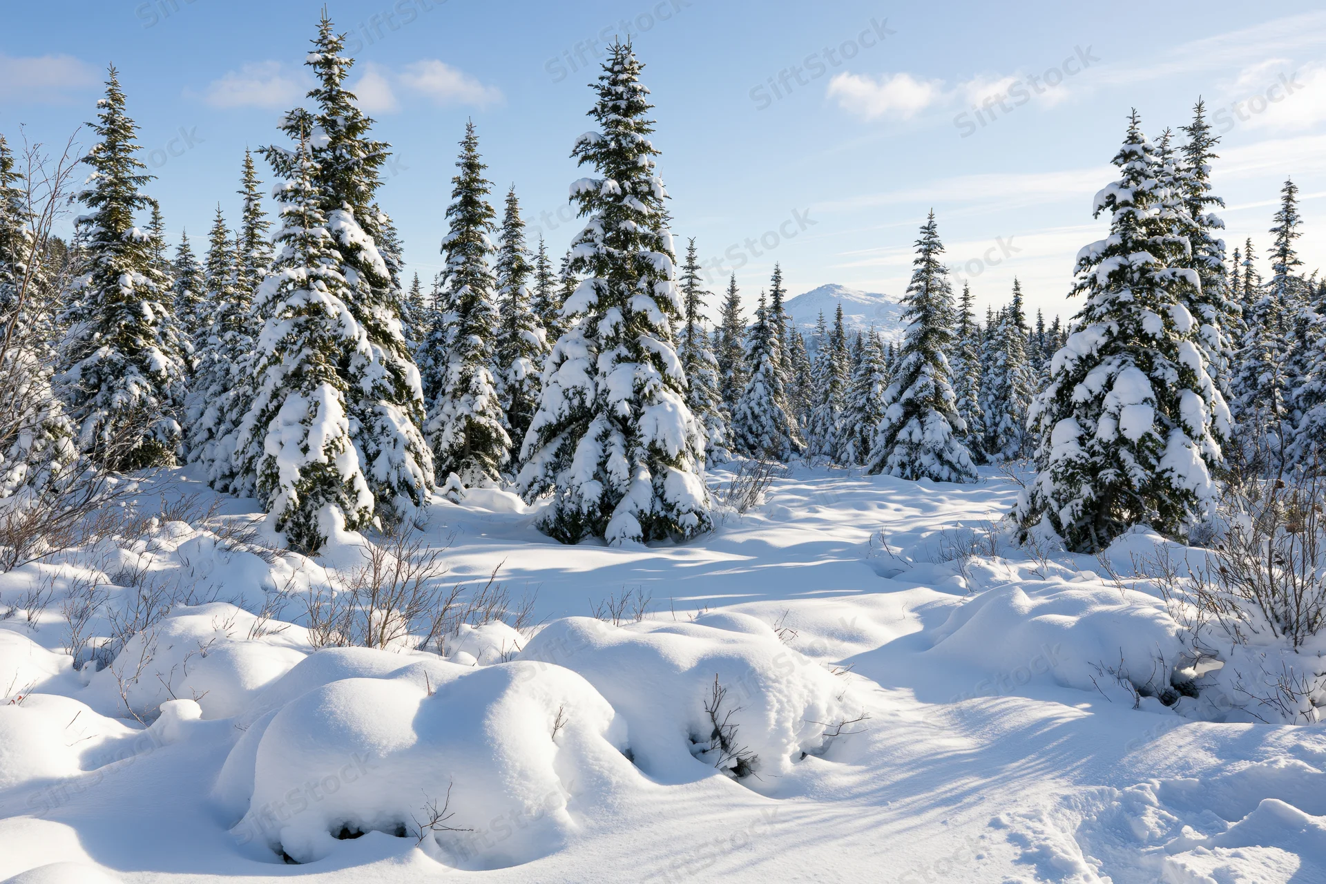 Snow-covered spruce trees in a dense forest on a mountain slope under a clear blue sky