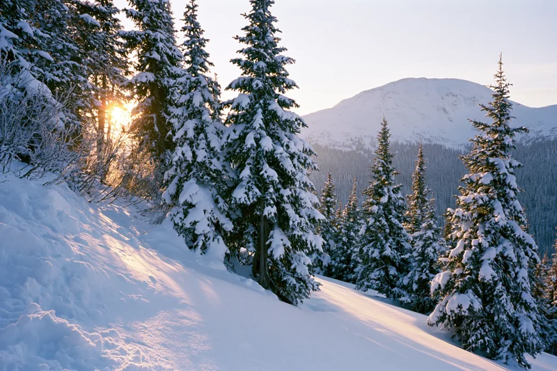 Snow-covered spruce trees on a mountain slope at sunrise with golden light filtering through branches