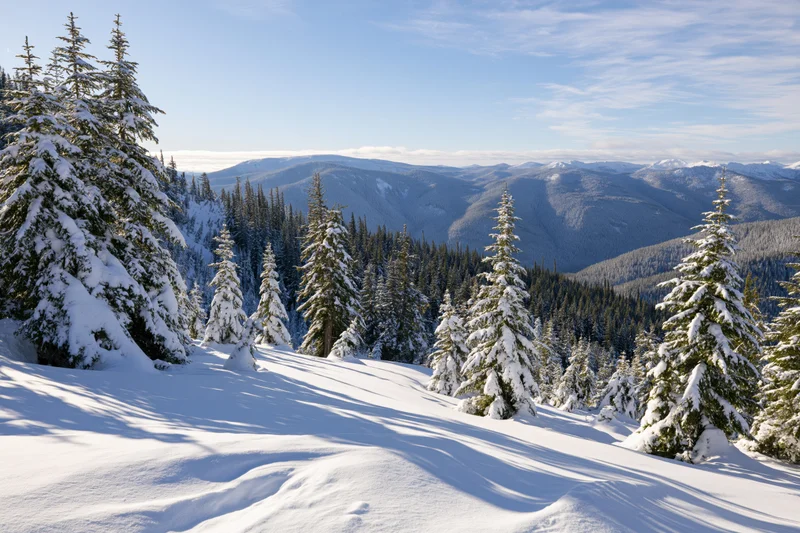 Snow-covered spruce trees on a mountain slope overlooking a forested valley under a clear blue sky