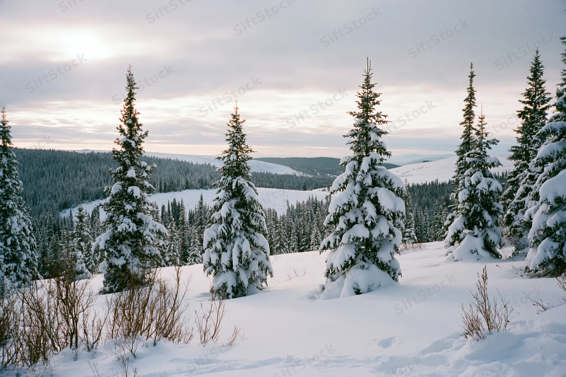Snow-covered spruce trees on a mountain slope under an overcast sky