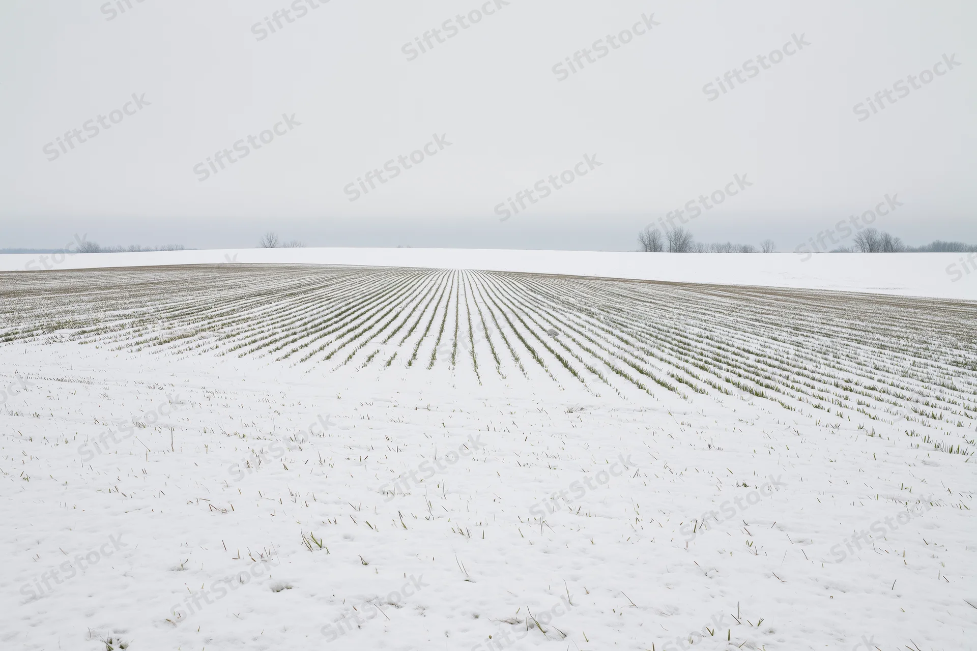 Snow-covered agricultural field with rows of green winter crops under overcast sky