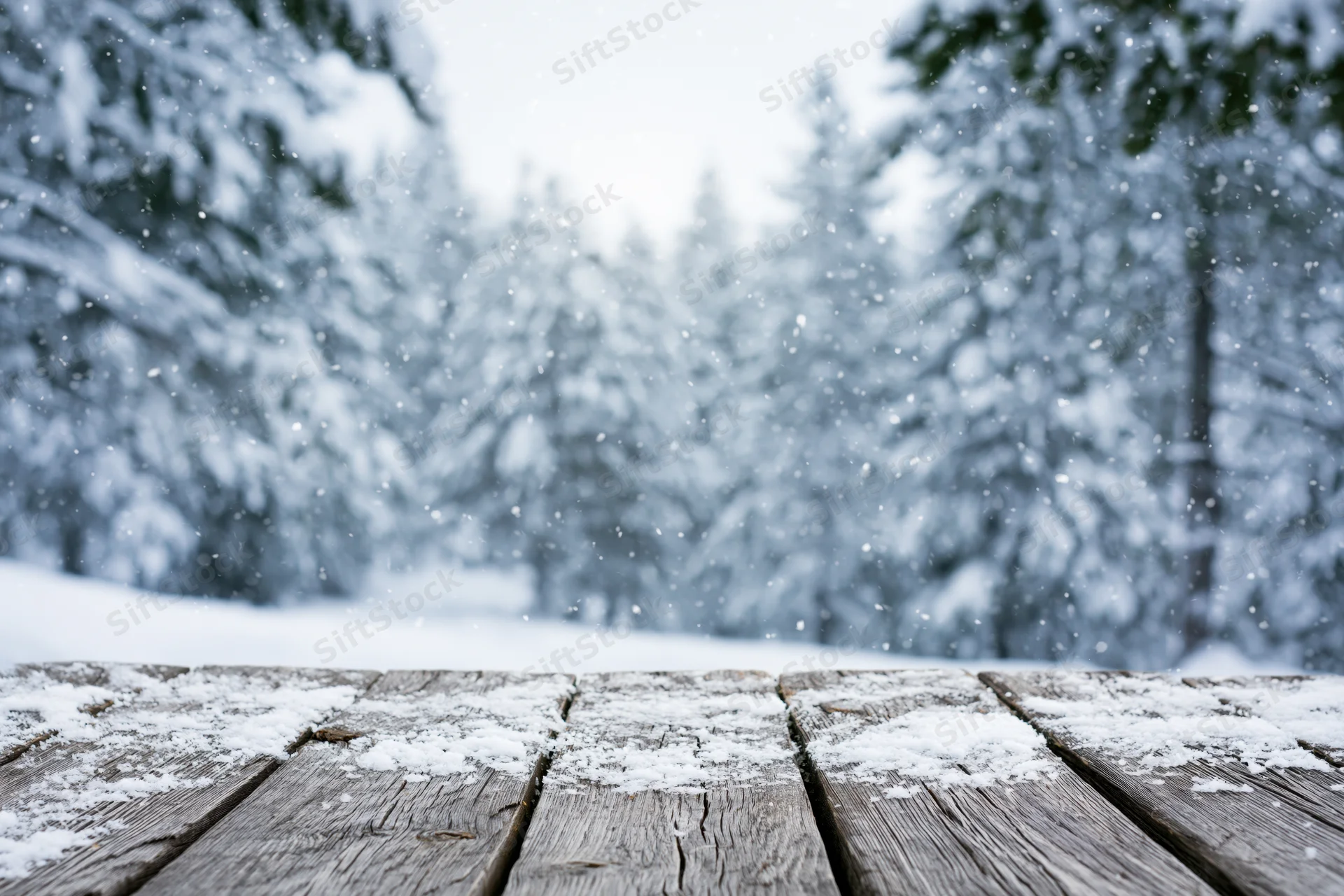 Snow-dusted wooden table in a snowy forest during winter