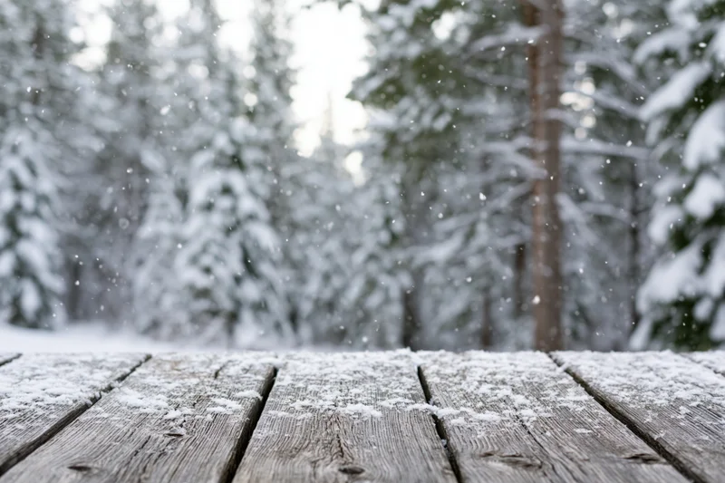 Snow-dusted wooden table in a snowy forest setting