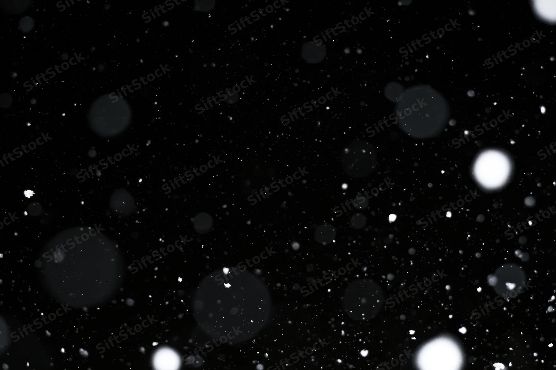 Snow falling against a black night sky in close-up abstract view