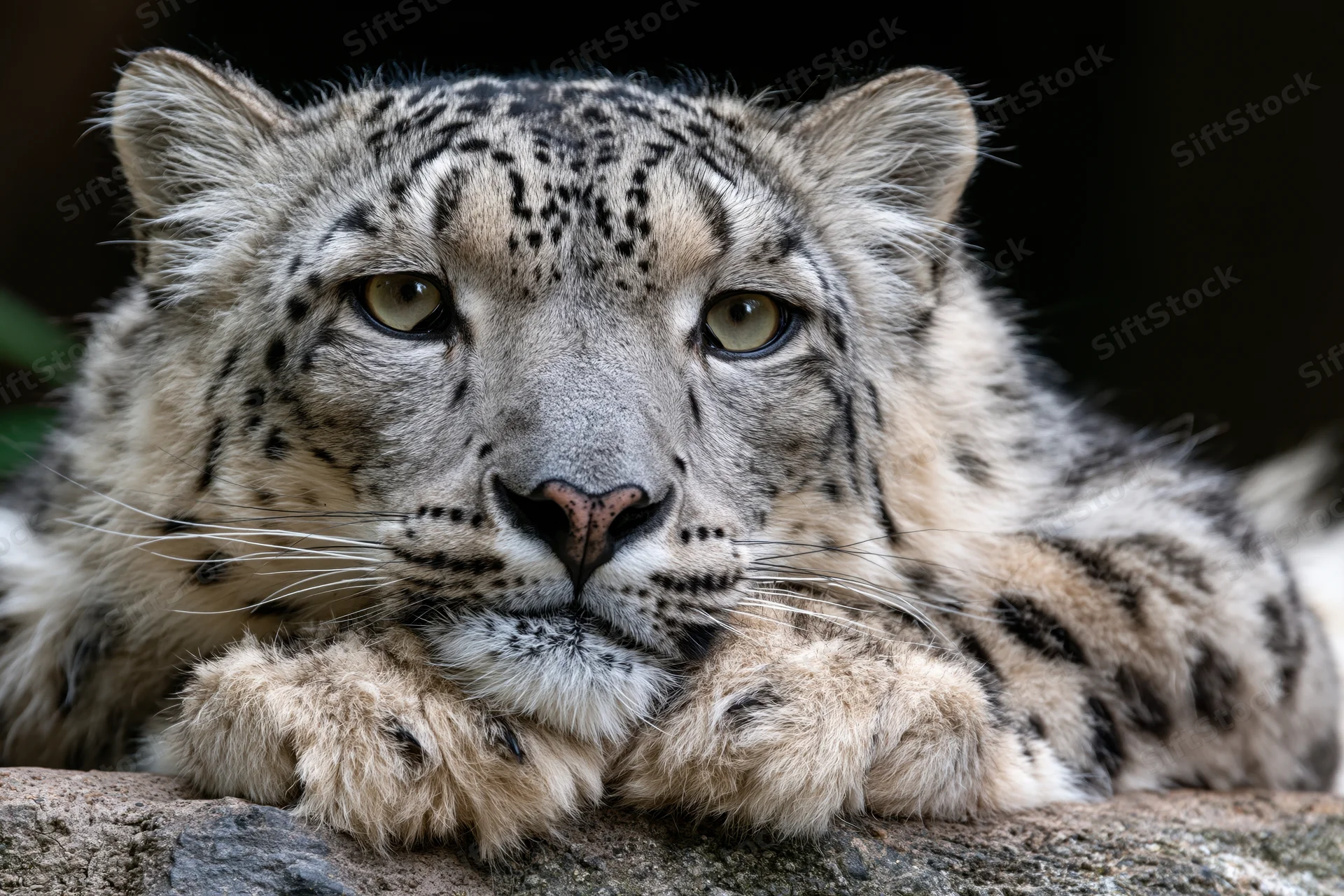 Snow leopard resting its chin on a rocky surface, gazing directly at the camera