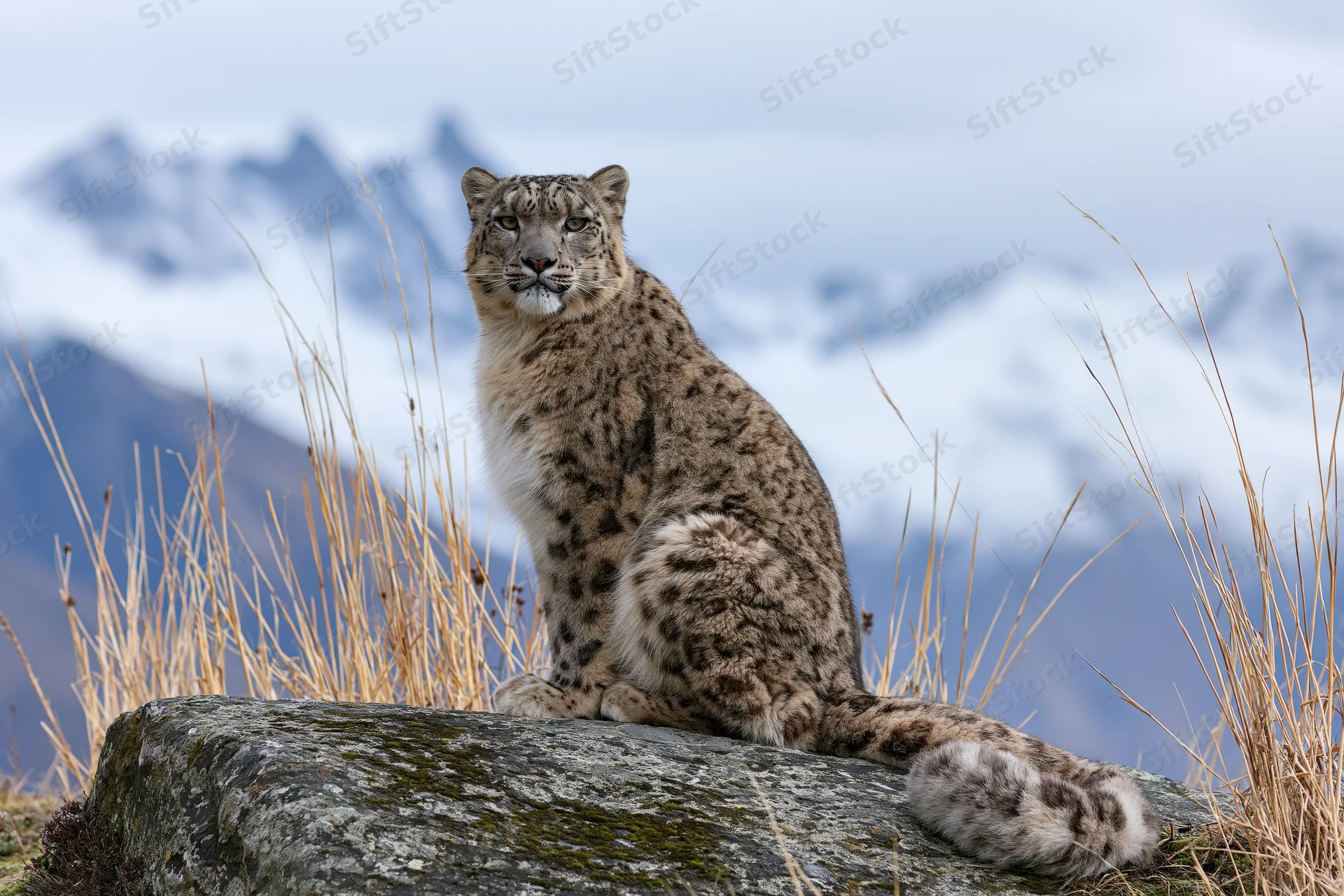 Snow leopard sitting upright on a large flat boulder in a mountain landscape with snow-covered peaks and dry grass
