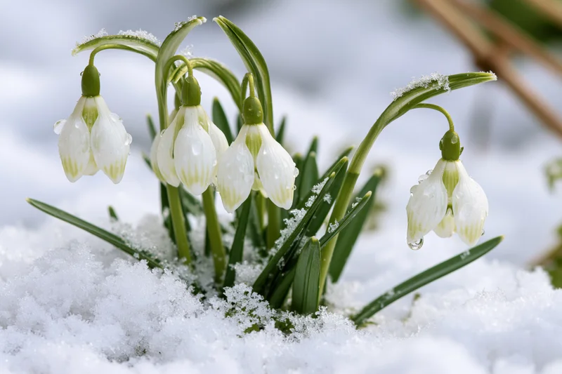 Snowdrop flowers emerging through fresh snow in a natural outdoor setting