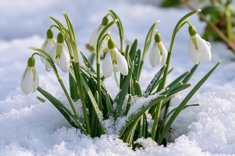 Snowdrop flowers emerging through fresh snow in a garden setting