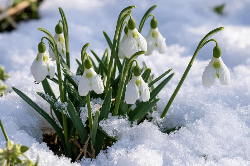 Snowdrop flowers blooming through fresh snow in a garden setting