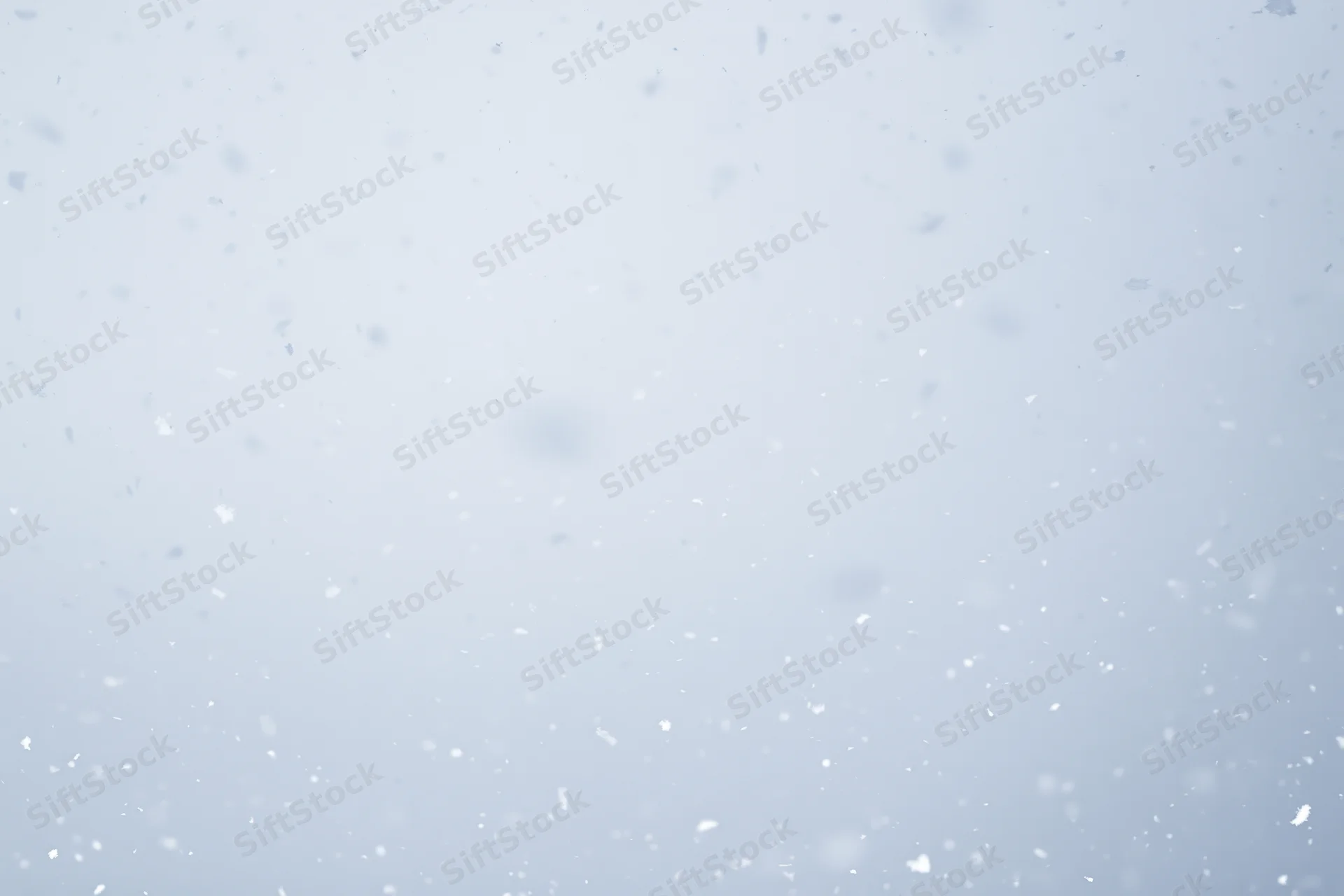 Snowflakes falling against a pale grey-white sky