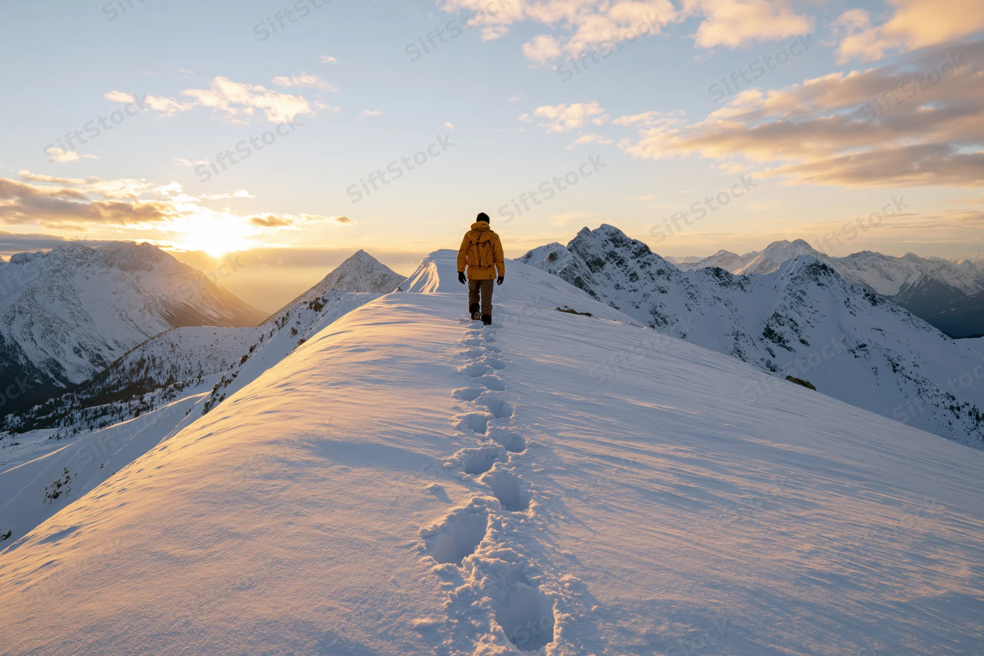Hiker in yellow jacket walking uphill along snowy mountain ridge at sunrise