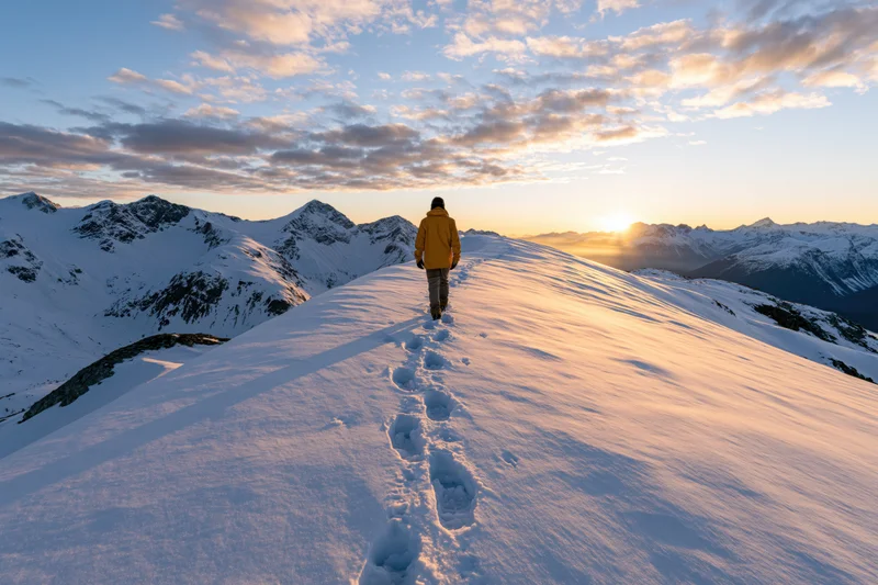 Hiker in yellow jacket walking uphill on snowy mountain ridge at sunrise