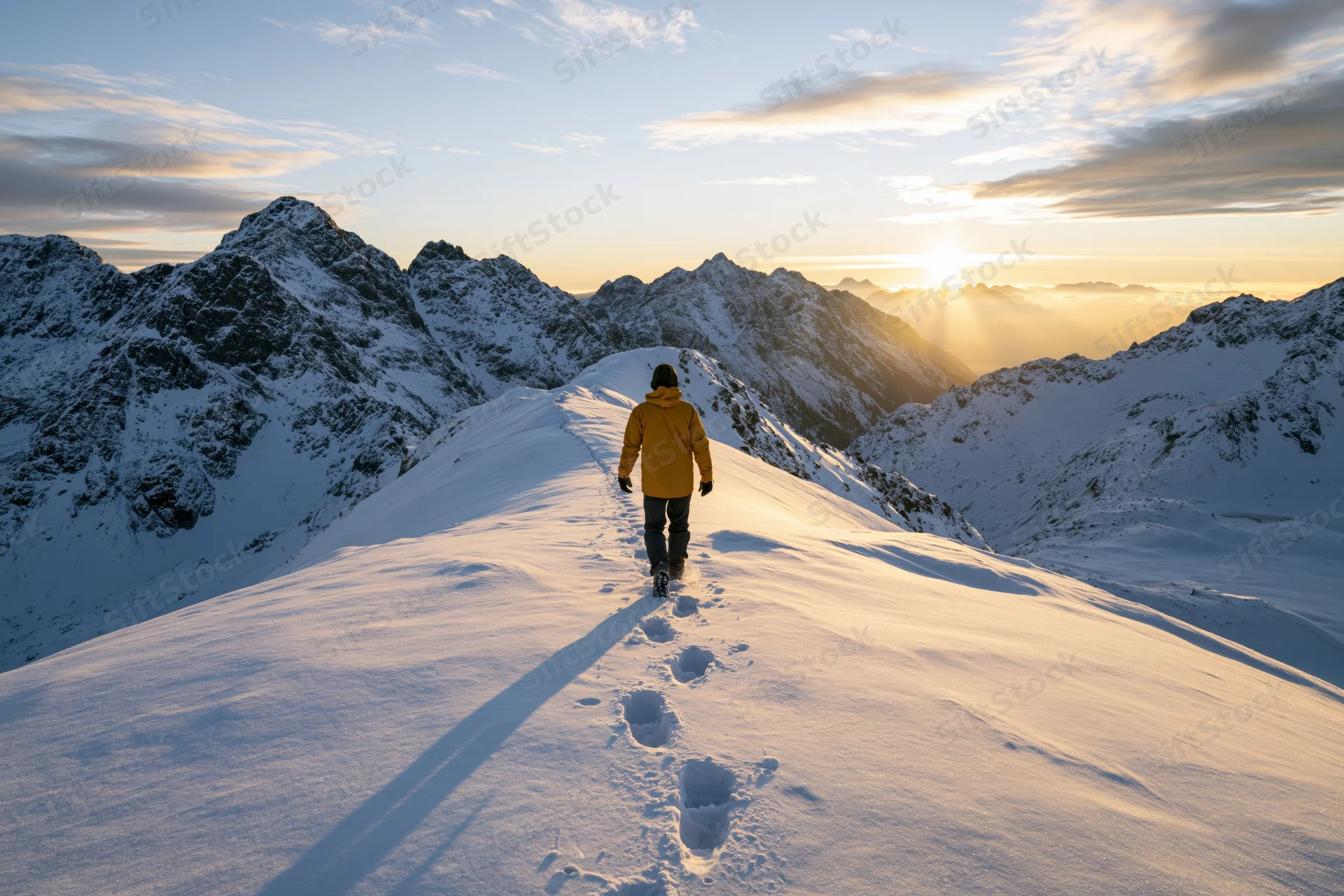 Hiker in yellow jacket walking uphill on snowy mountain ridge at sunrise