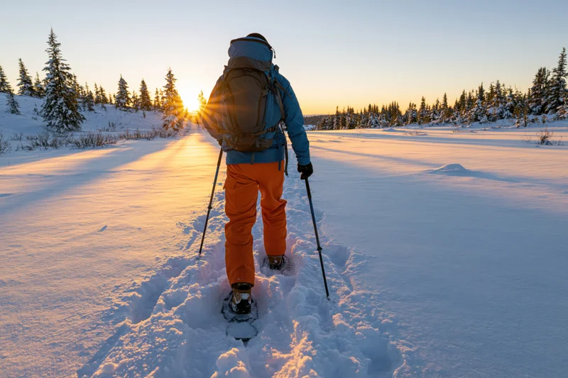 Man snowshoeing on snowy trail at sunset in winter forest
