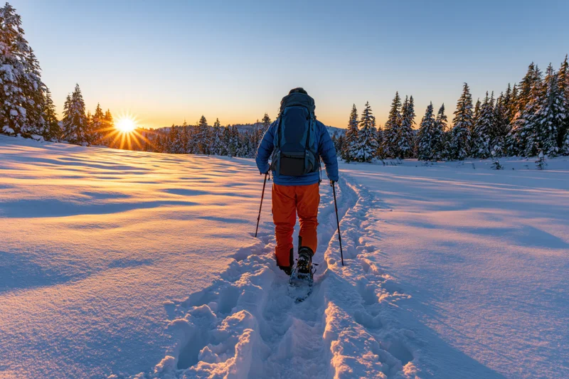 Snowshoer walking on snowy trail through forest at sunrise