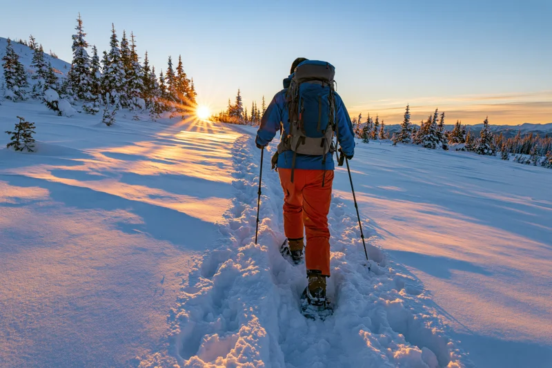 Snowshoer walking on snowy trail toward sunrise in mountain forest