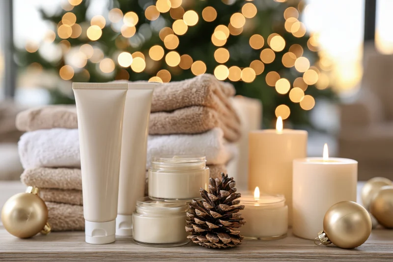 Skincare gift set with candles, towels and ornaments on wooden surface near christmas tree