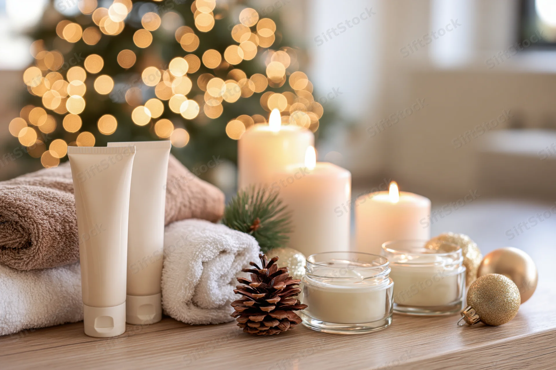 Skincare products and candles arranged on a wooden table with festive lights in the background