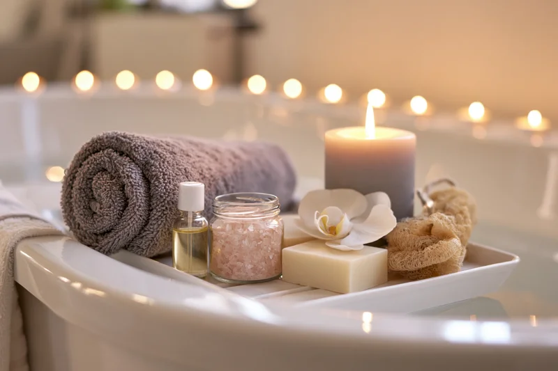 Spa bath accessories arranged on a white tray beside a bathtub with lit candle and soft lights in background