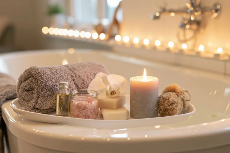 Bath tray with candle, towel, soap, and bath accessories floating in a bathtub with string lights in the background