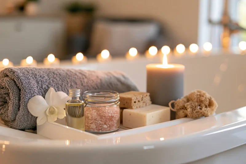 Spa bath accessories arranged on a white bathtub tray with candle, towel, soap, salt, sponge, and orchid, surrounded by string lights