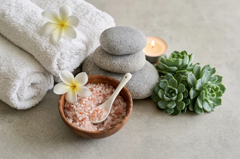 Spa flat lay with rolled towels, stacked stones, lit candle, succulents, and pink salt in a wooden bowl on a light grey surface