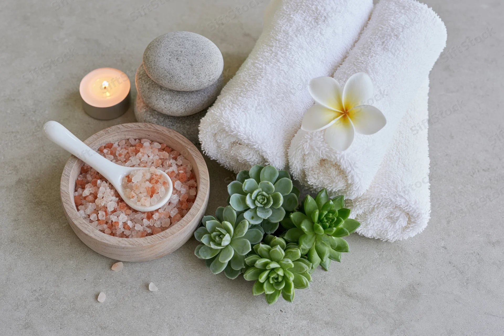 Spa arrangement with towels, salt, stones, candle and succulents on gray surface