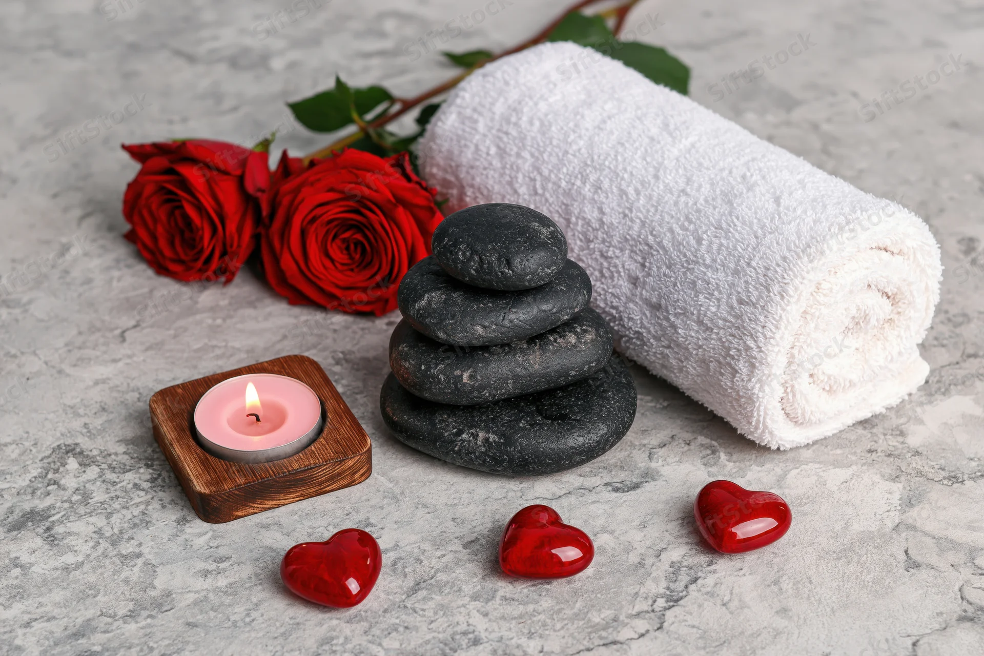 Spa flat lay with stacked stones, lit candle, red roses, towel and heart-shaped glass ornaments on textured stone surface