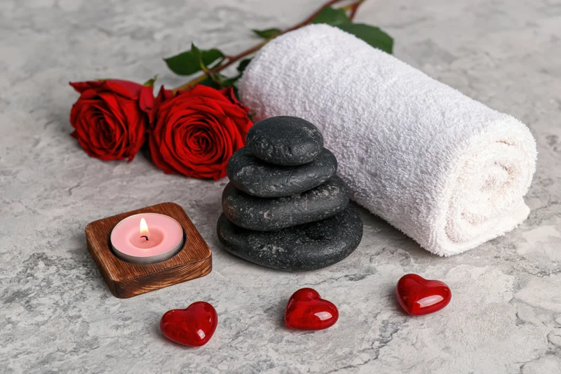 Spa flat lay with stacked stones, lit candle, red roses, towel and heart-shaped glass ornaments on textured stone surface