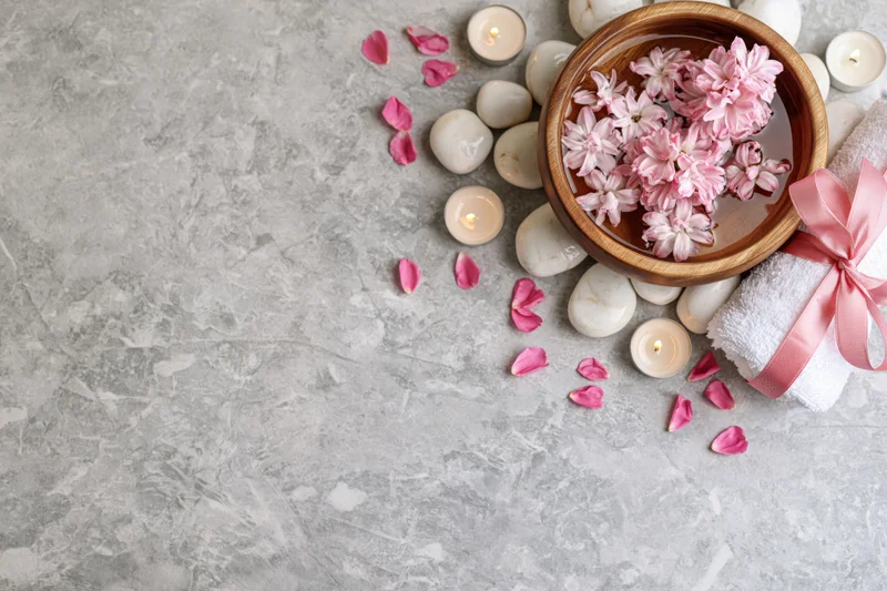 Spa arrangement with floating flowers, candles, stones and towel on grey marble surface