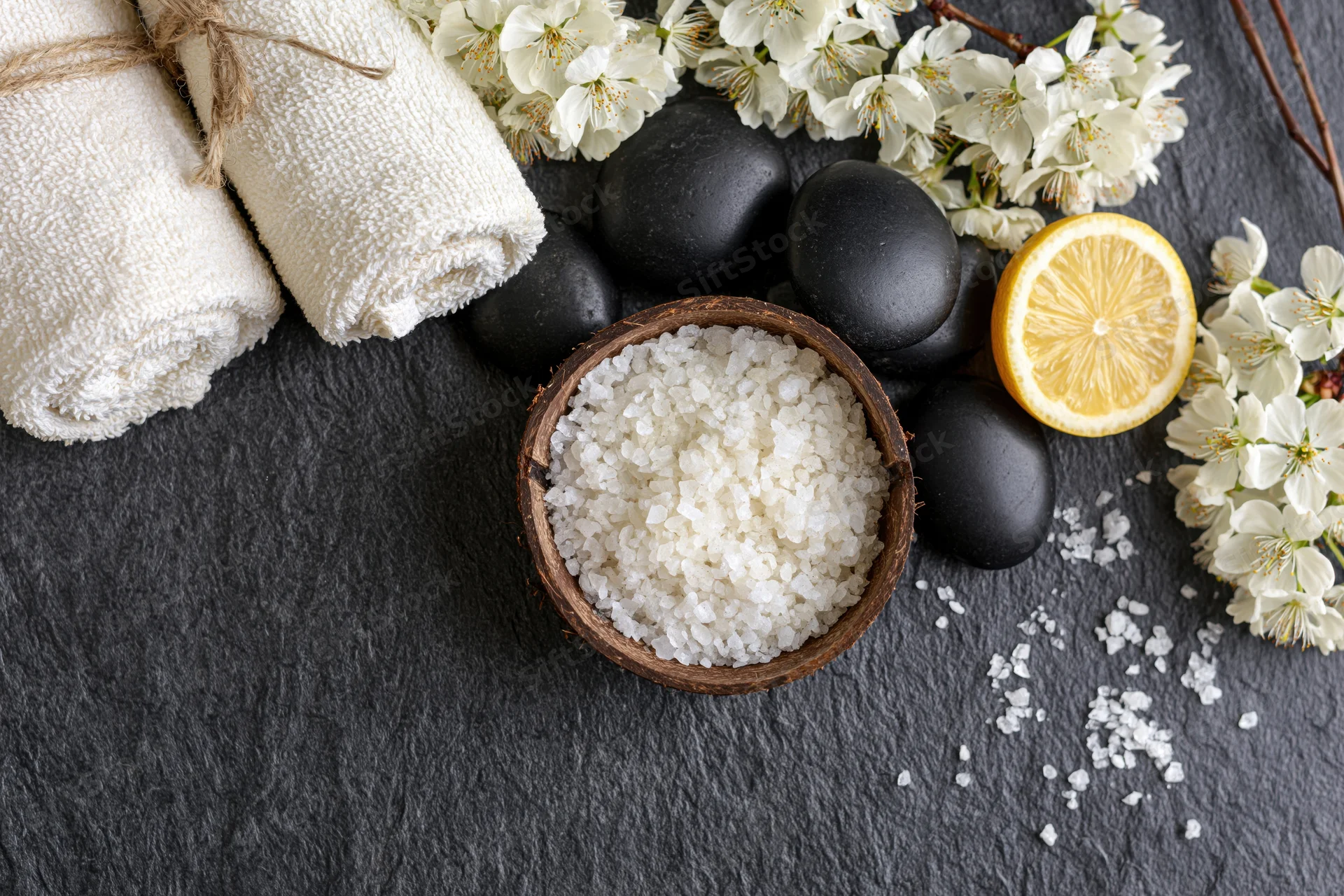 Spa flatlay with black stones, white salt, lemon, flowers, and towels on dark slate surface