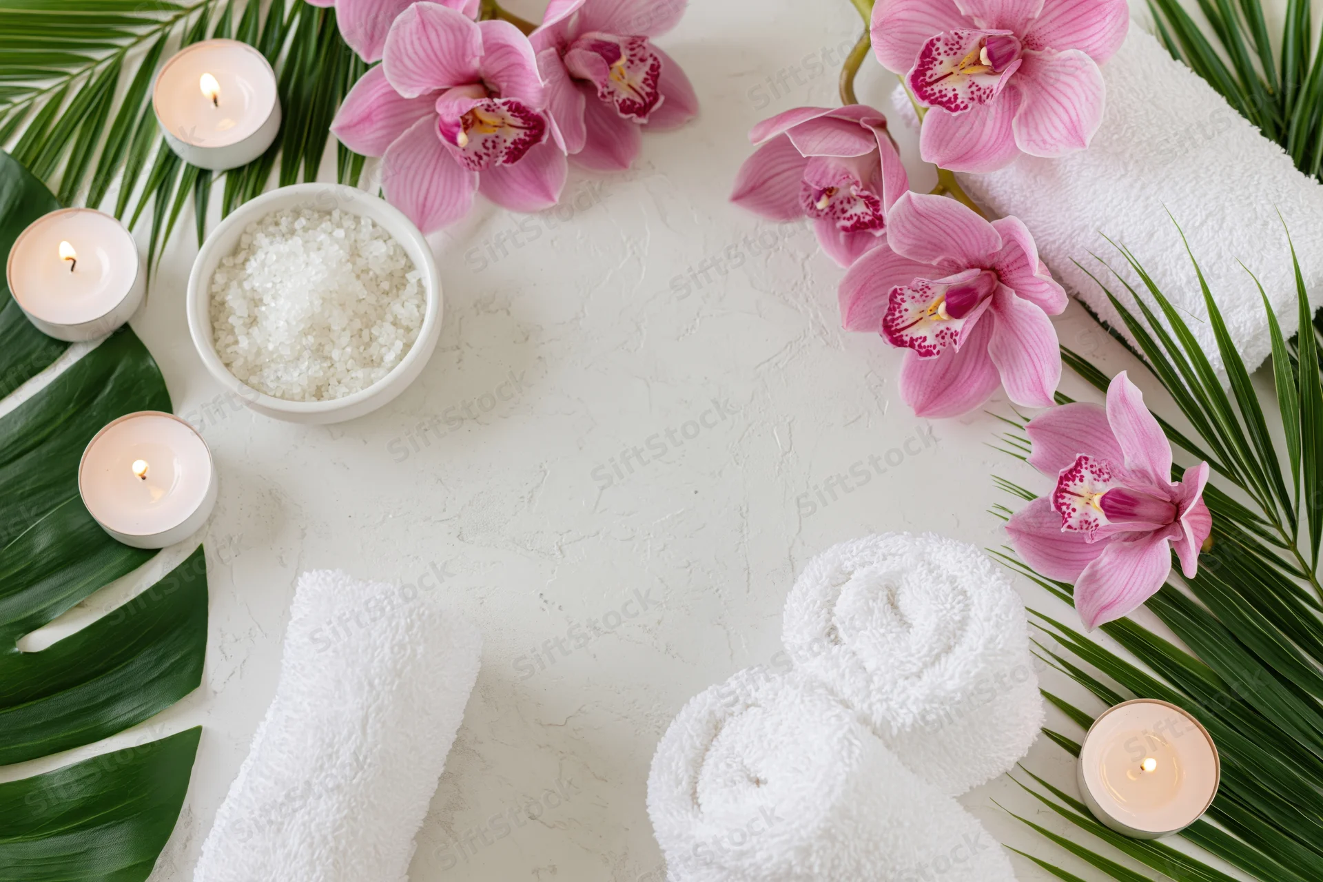 Spa flatlay with pink cymbidium orchids, white towels, candles, salt, and palm leaves on a white surface