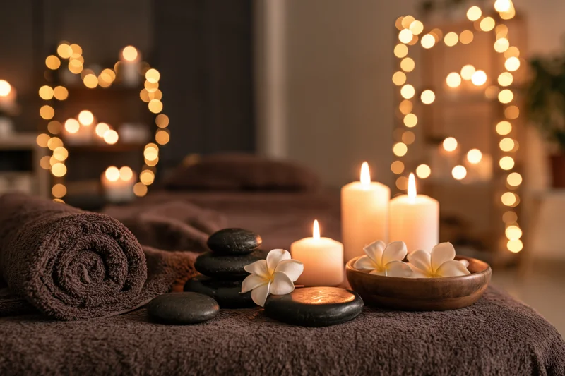 Massage table draped in dark brown towel with candles, stones and flowers, warm ambient lighting in spa interior