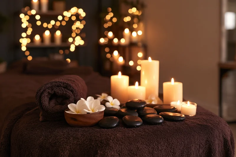 Massage table draped in dark brown towel with candles, stones and flowers, creating a tranquil spa ambiance