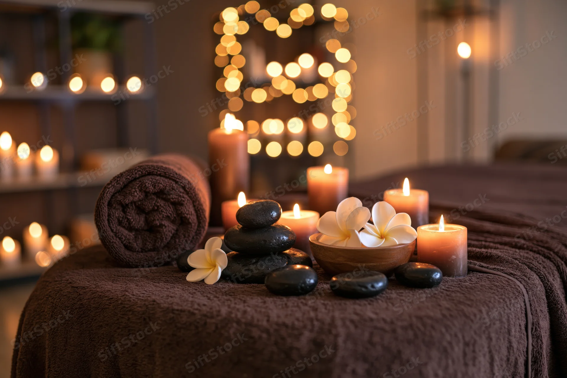 Massage table draped in brown towel with candles, stones and flowers for relaxation