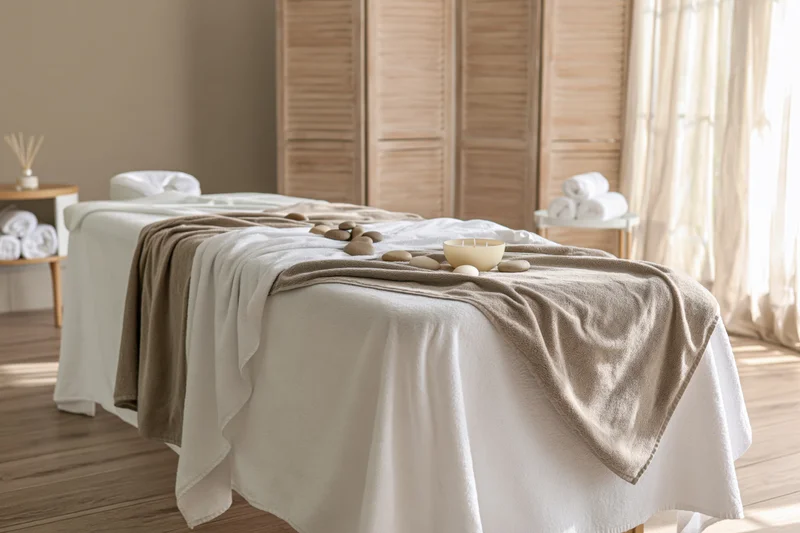 Massage table draped with white and taupe terry towels in a serene spa room with stones and candle