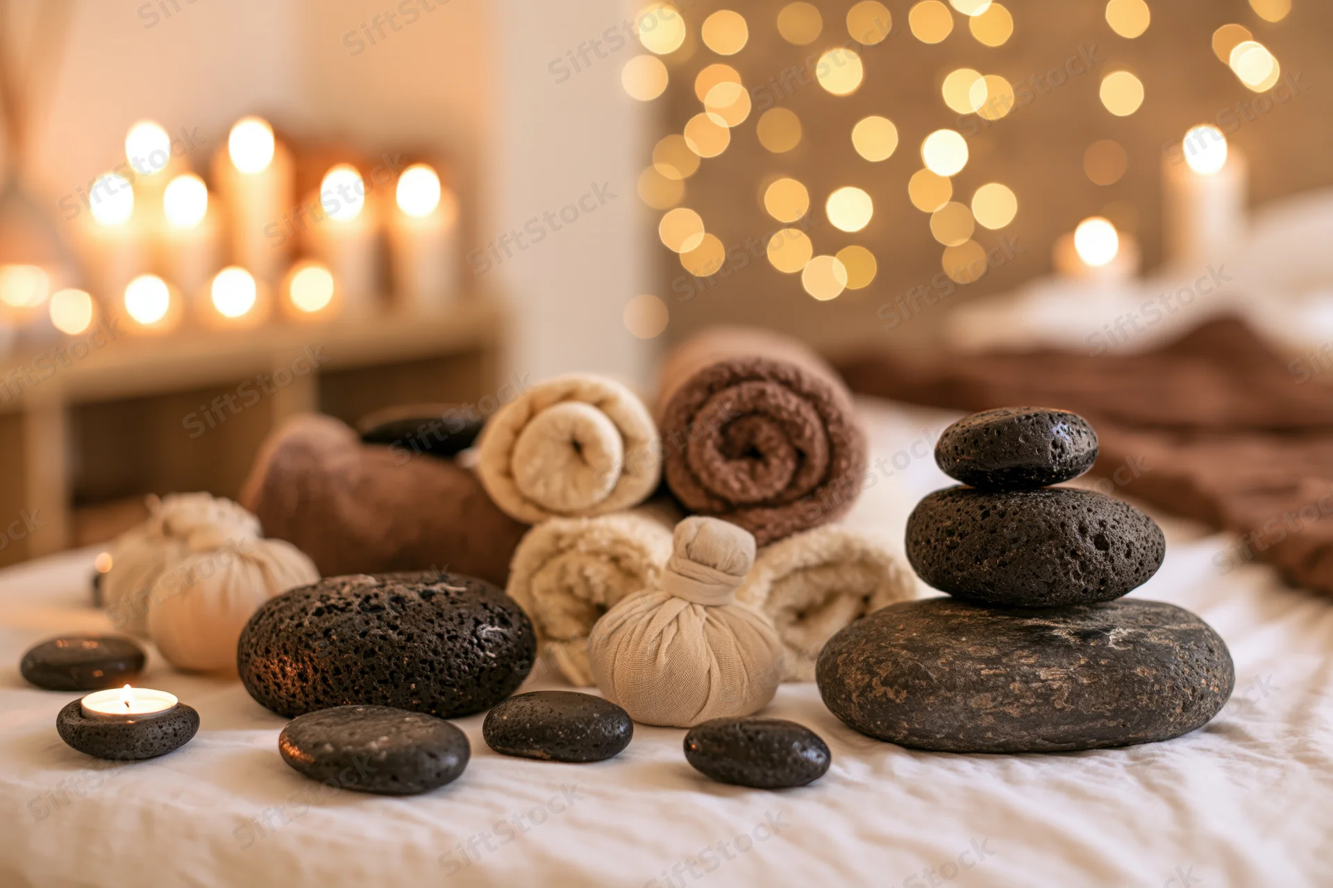 Hot basalt stones arranged on a massage table with rolled towels and candles, creating a serene spa setting