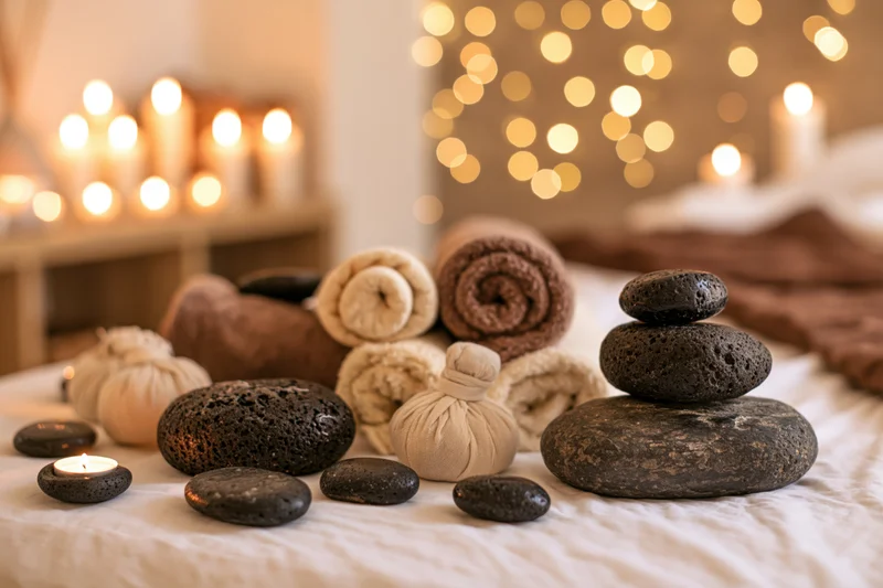 Hot basalt stones arranged on a massage table with rolled towels and candles, creating a serene spa setting