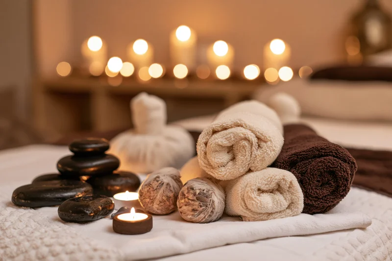 Massage table set with hot basalt stones, rolled towels, and candles in a spa room