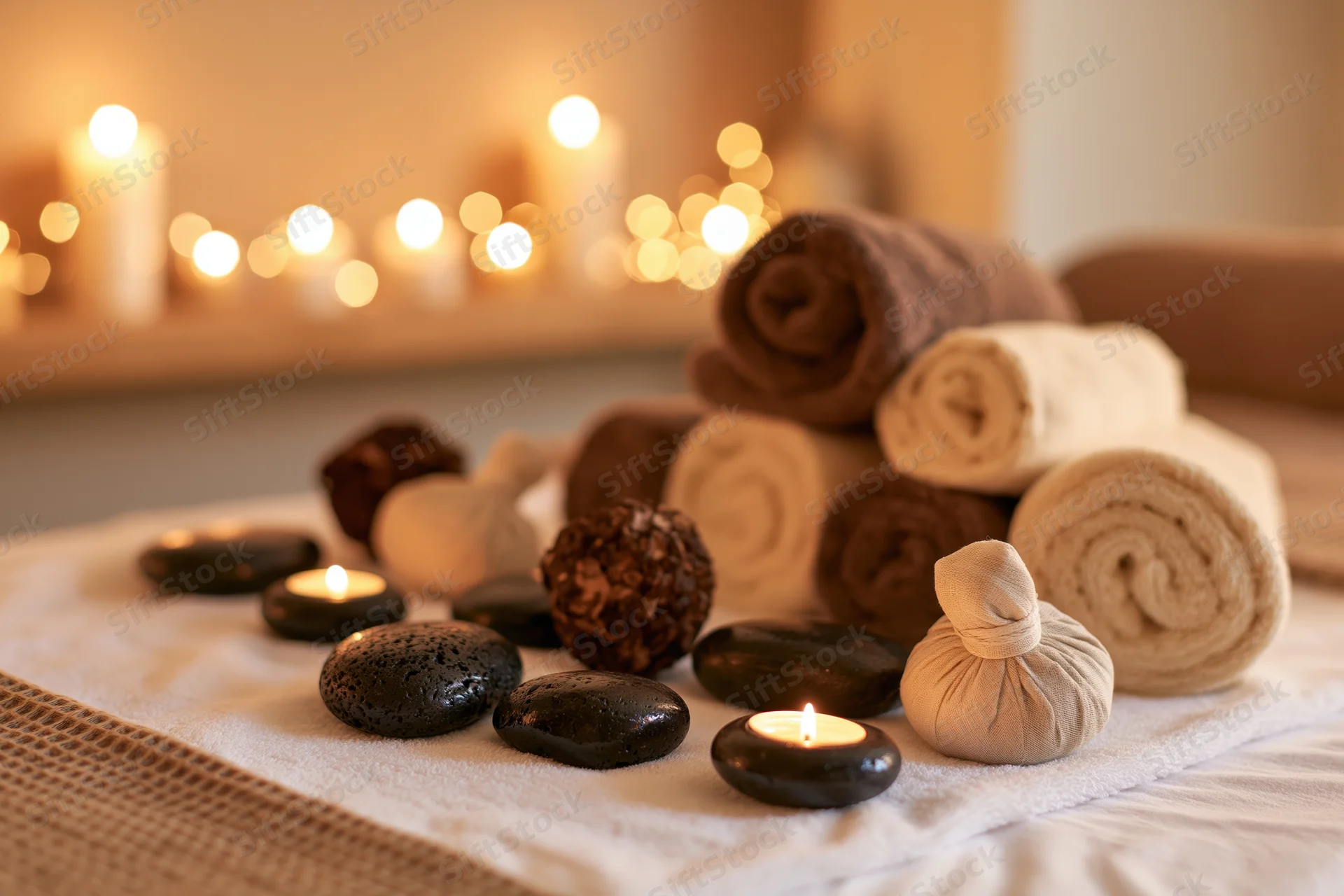 Massage table set with hot basalt stones, rolled towels, and lit candles for spa treatment