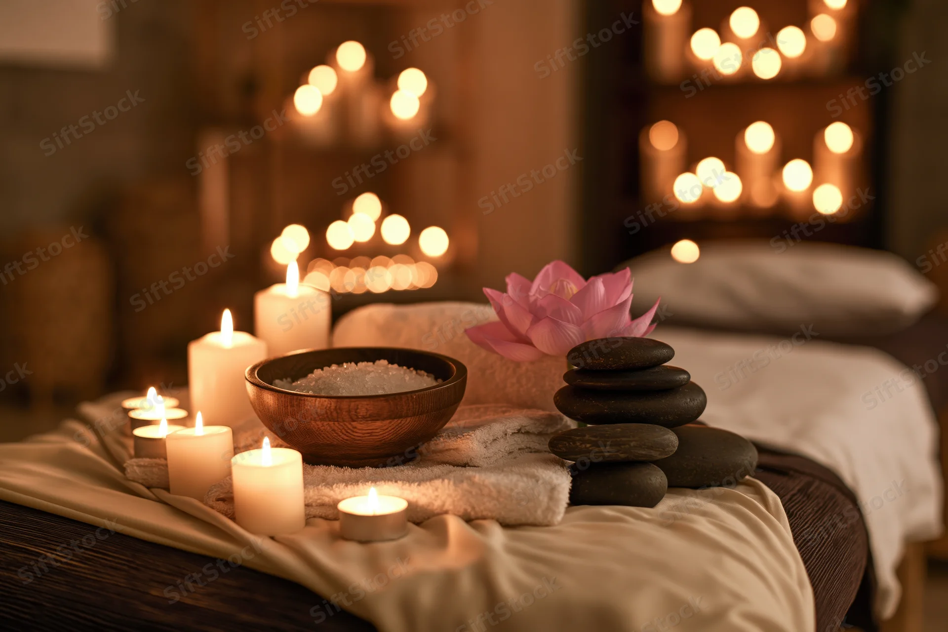 Massage table set with lit candles, wooden bowl of sea salt, stacked stones and pink lotus flower on white towel in spa room