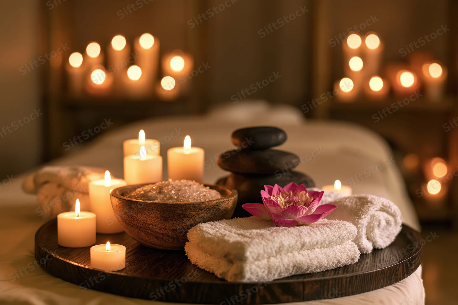 Massage table set with lit candles, wooden bowl of sea salt, folded towels, lotus flower, and stacked stones on a tray in a dimly lit spa room