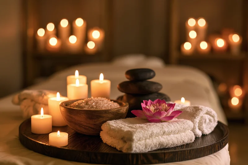 Massage table set with lit candles, wooden bowl of sea salt, folded towels, lotus flower, and stacked stones on a tray in a dimly lit spa room